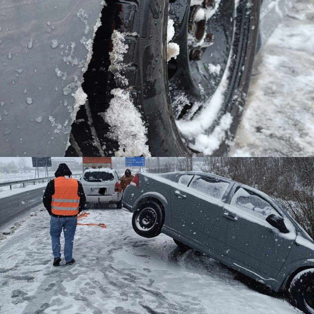Accidente pe DN6: Mașini scose de pe carosabil din cauza zăpezii
