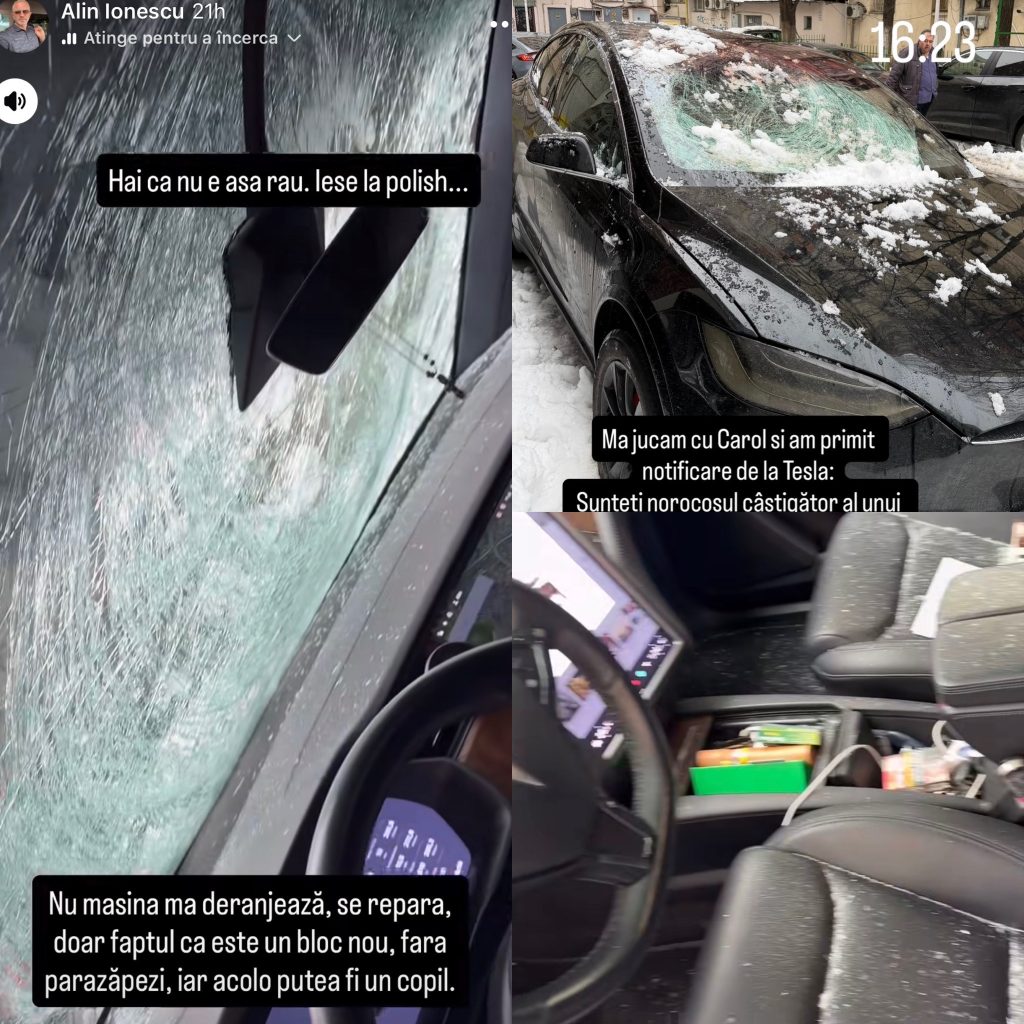 Incident neplăcut pentru Alin Ionescu: zăpadă cade pe Tesla sa