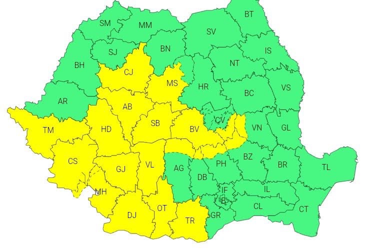 Cod galben de vânt puternic în mai multe regiuni ale țării