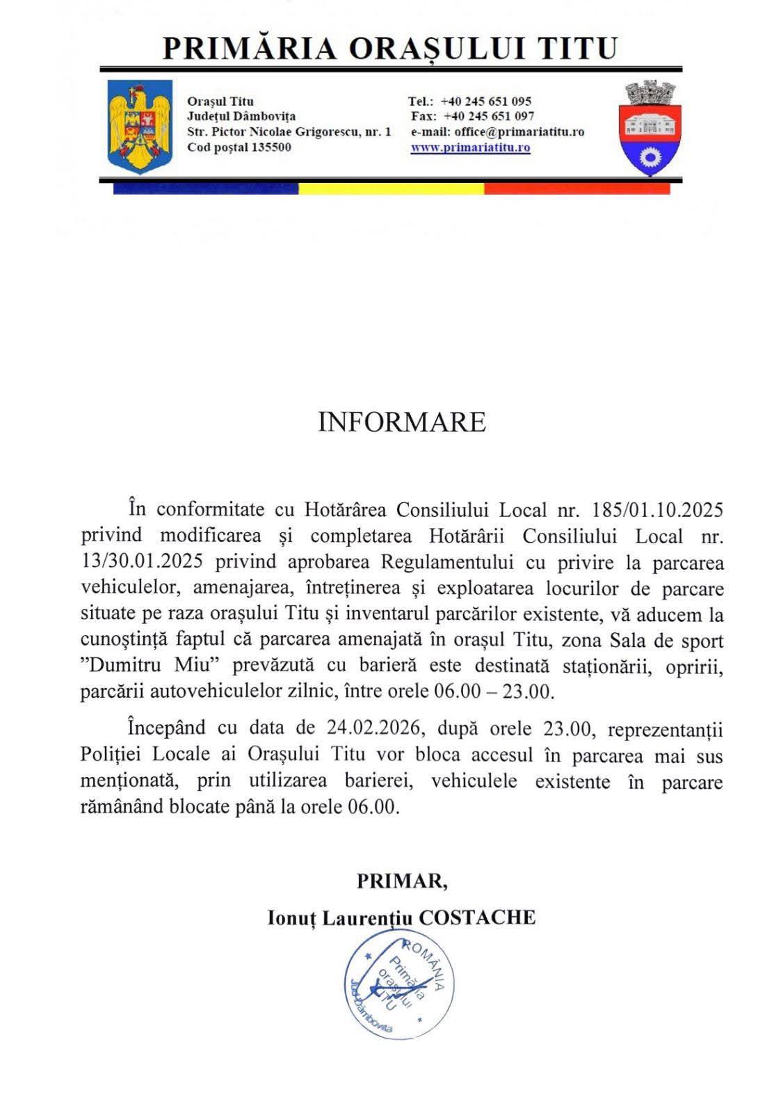 Parcarea din Titu va fi închisă noaptea din cauza sesizărilor cetățenilor
