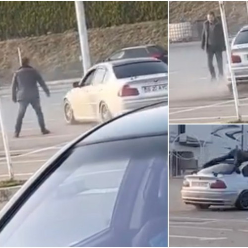VIDEO: Drifturi spectaculoase în parcarea Auchan Bacău. Un șofer genial a făcut senzație cu un BMW, iar un bărbat curajos s-a urcat pe capota bolidului