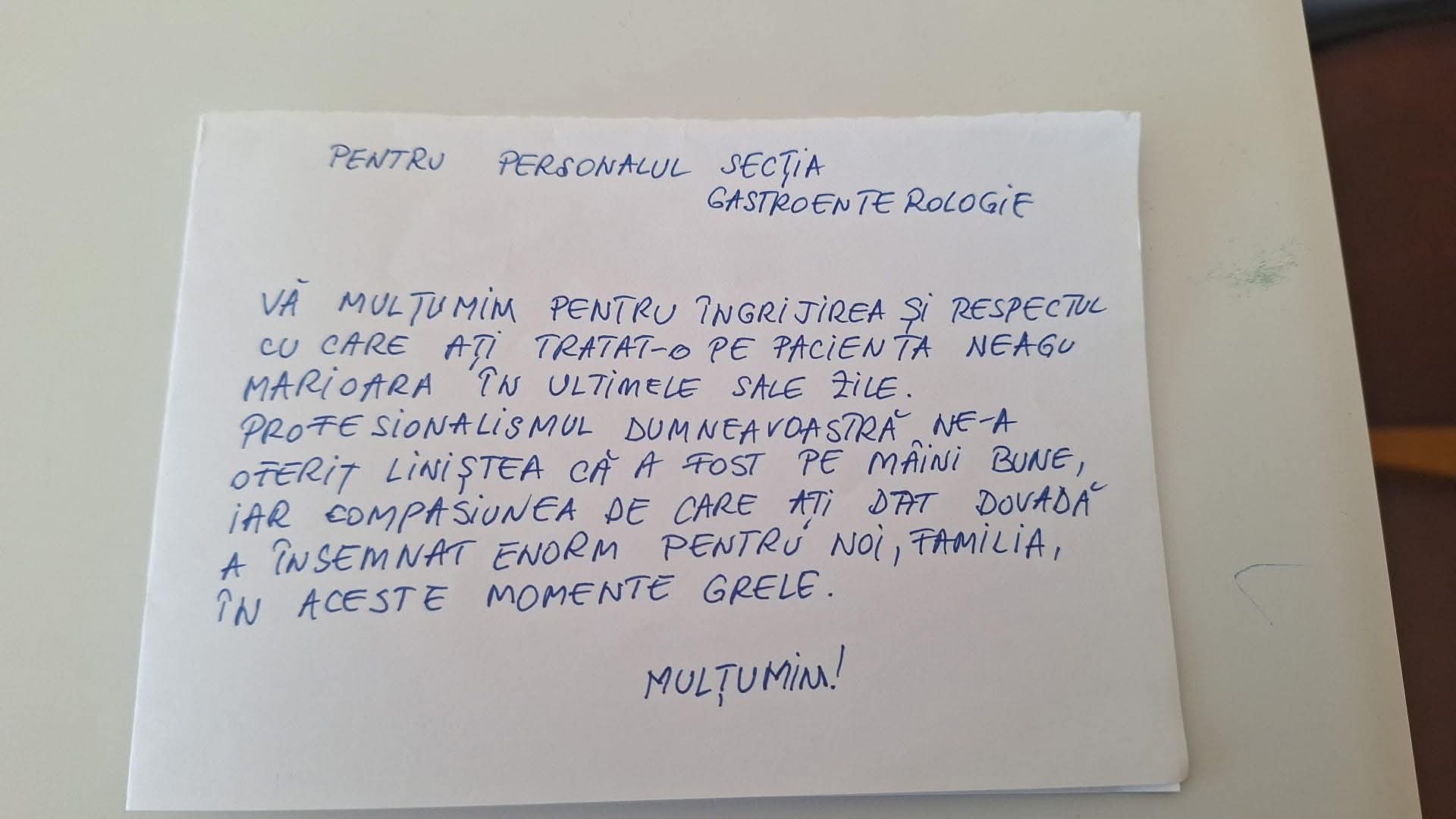 Familia unei paciente decedate mulțumește personalului medical de la Târgu-Jiu