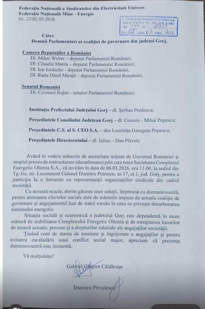 Lideri sindicali din Gorj solicită soluții pentru Complexul Oltenia