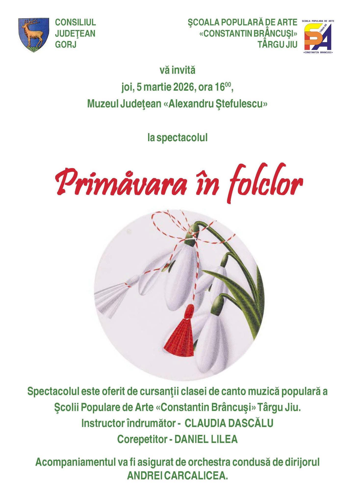 „Primăvara în folclor”: Spectacol dedicat tinerelor talente la Târgu Jiu