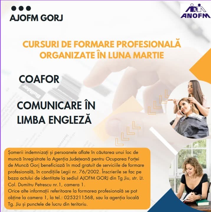 Cursuri gratuite de formare profesională pentru șomeri în Gorj