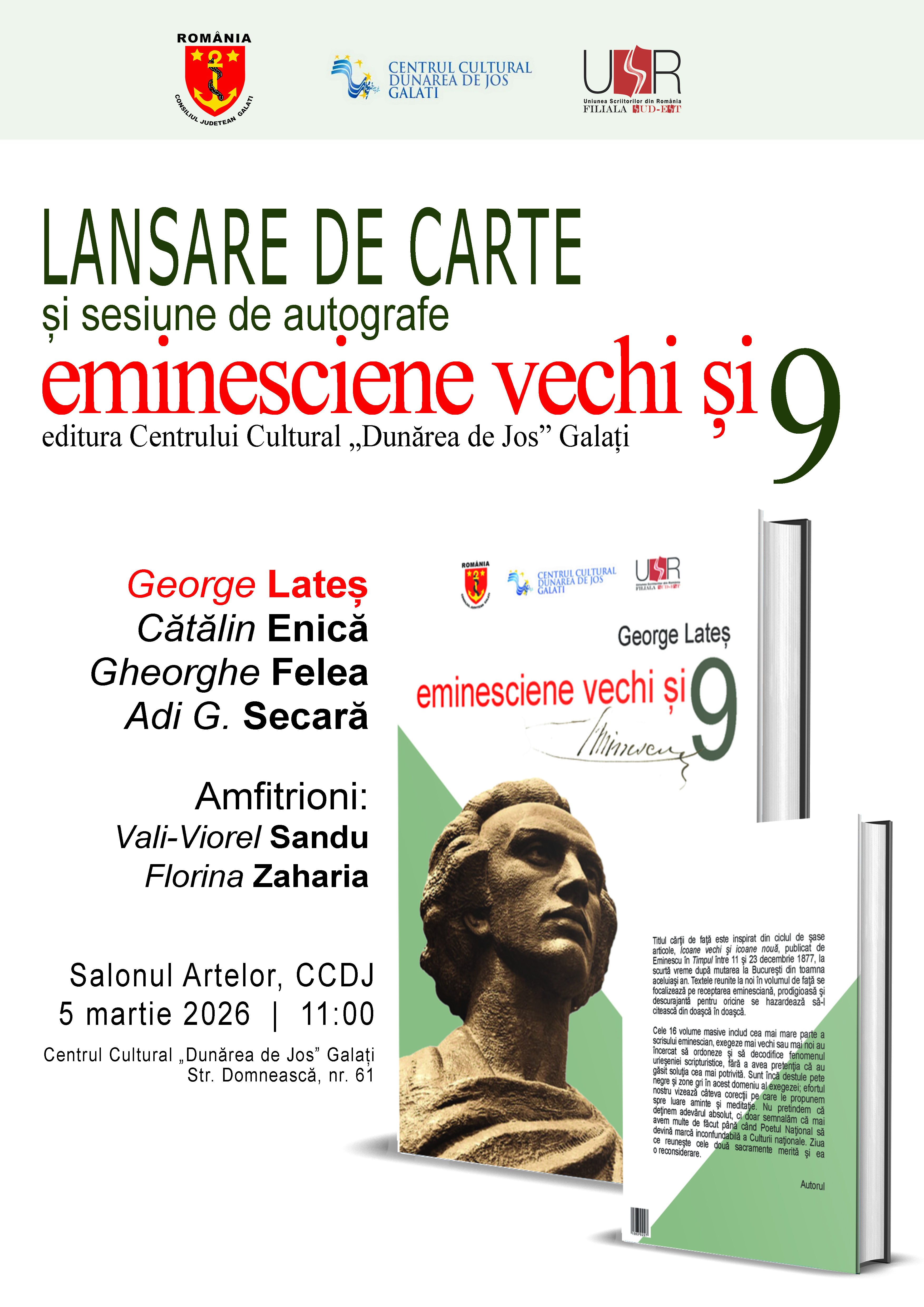 Lansare de carte dedicată lui Mihai Eminescu la Galați