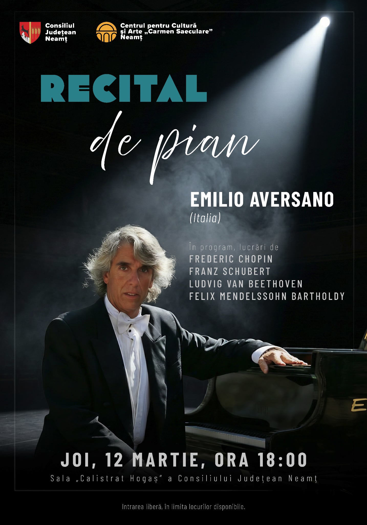 Recital de pian cu Emilio Aversano la Piatra-Neamț pe 12 martie