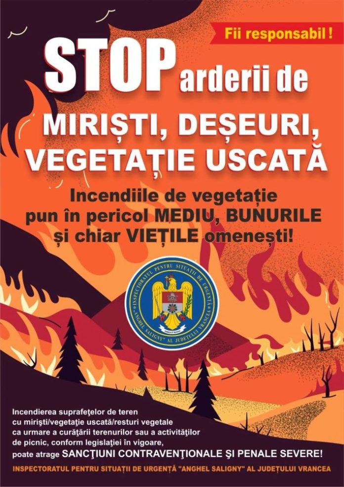 Pompierii intervin pentru stingerea incendiilor de vegetație în Vrancea