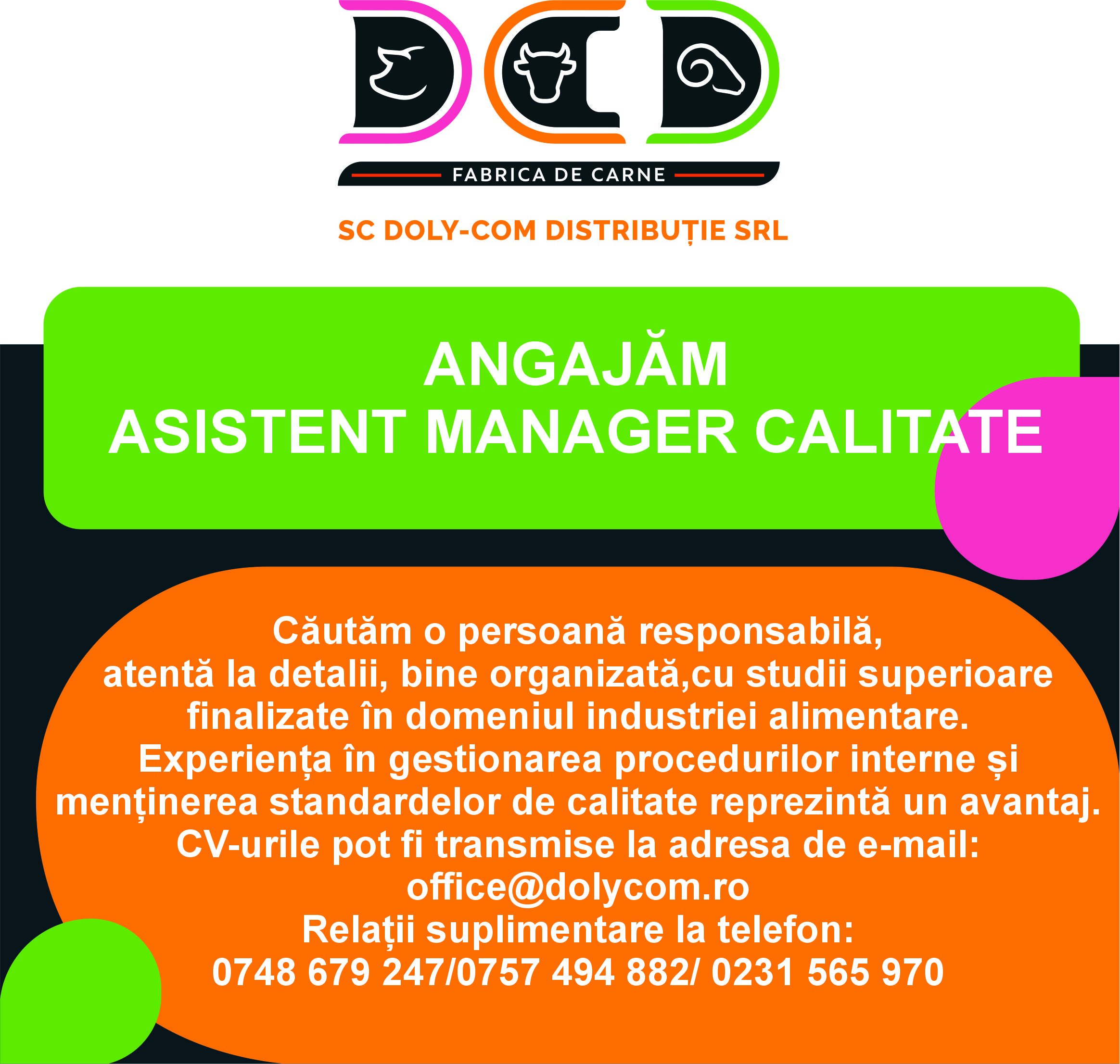 Angajăm assistant manager calitate în industria alimentară
