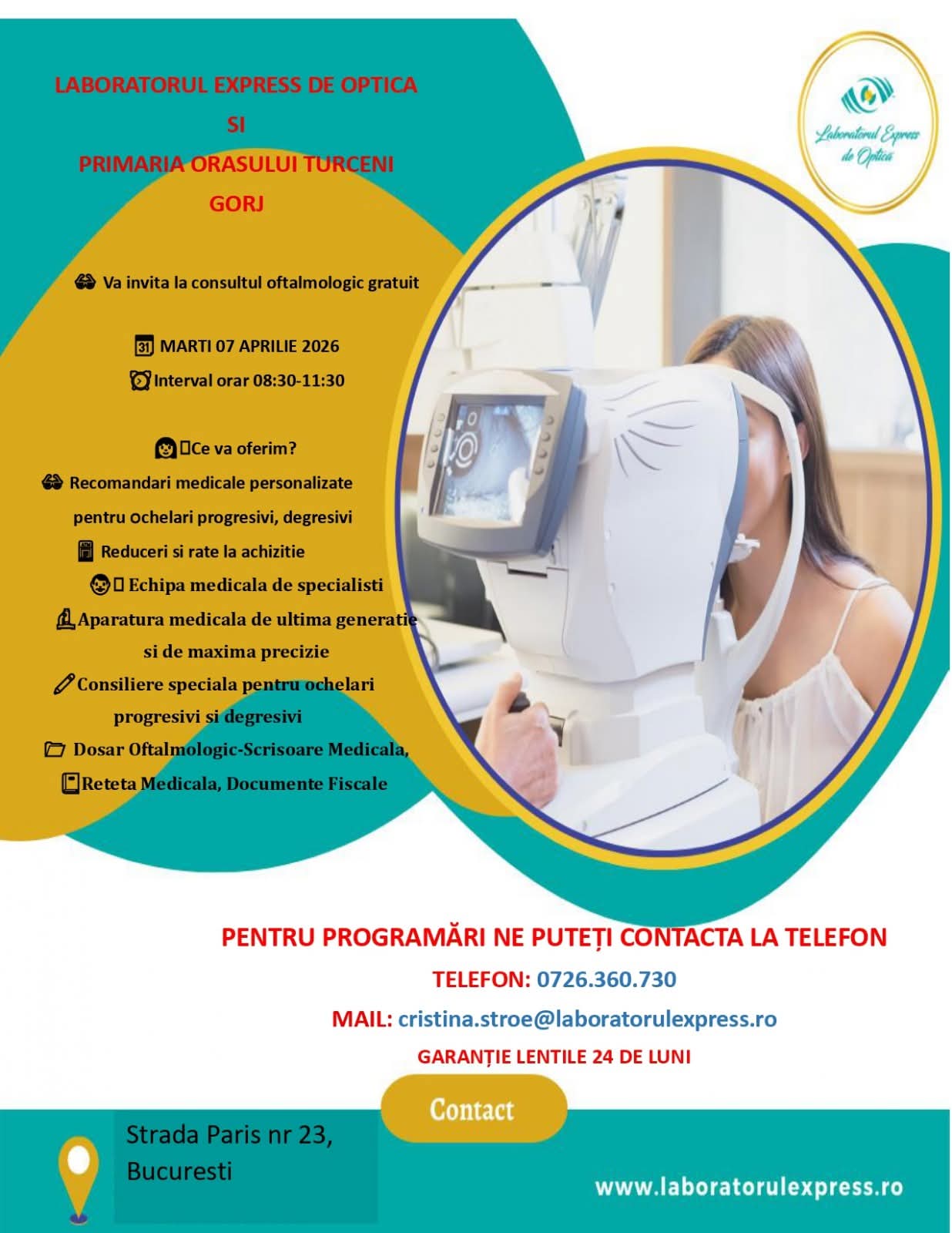 Consultații oftalmologice gratuite în Turceni pe 7 aprilie 2026