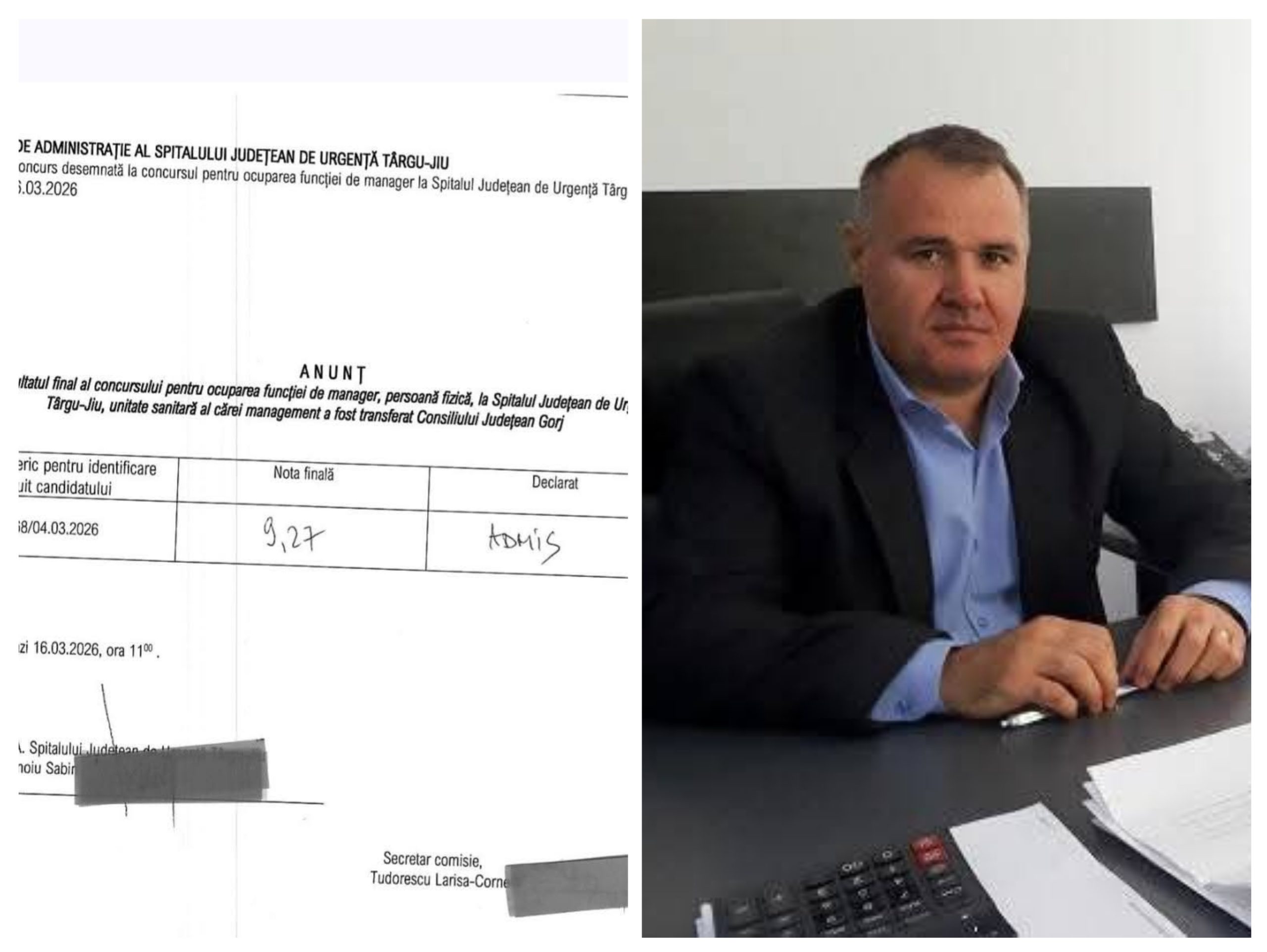 Dumitru Vienescu confirmat manager al Spitalului Județean Târgu Jiu cu nota 9,27