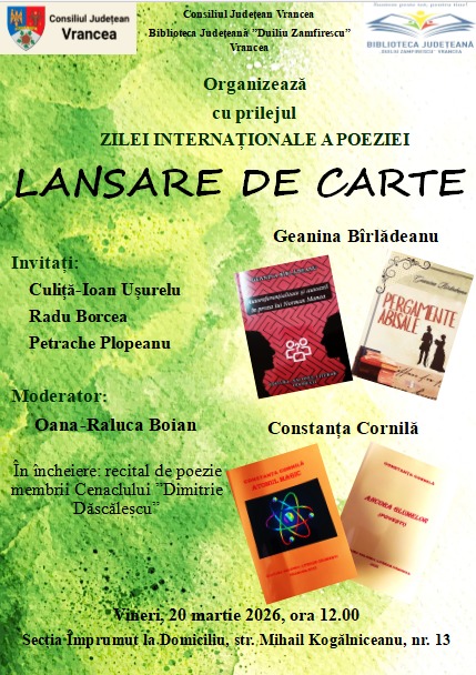Lansare de carte la Biblioteca Județeană Vrancea de Ziua Poeziei