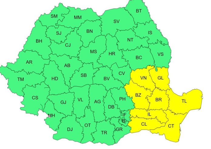 Atenționare Cod galben de vânt puternic în opt județe