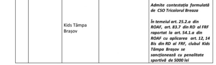 Contestație la FRF după meciul Tricolorul Breaza - Kids Tâmpa Brașov