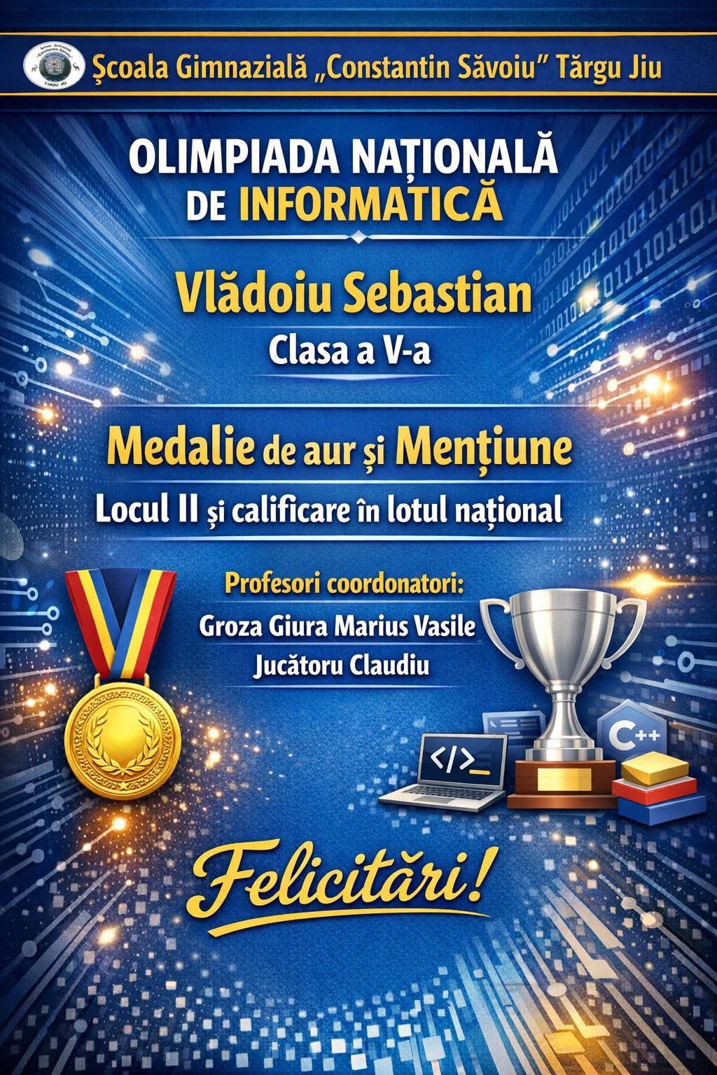 Sebastian Vlădoiu, elev din Târgu Jiu, cucerește aurul la Olimpiada de Informatică