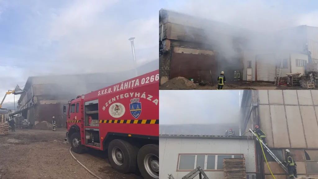 Incendiul devastator la un atelier de prelucrare a lemnului din Vlăhița