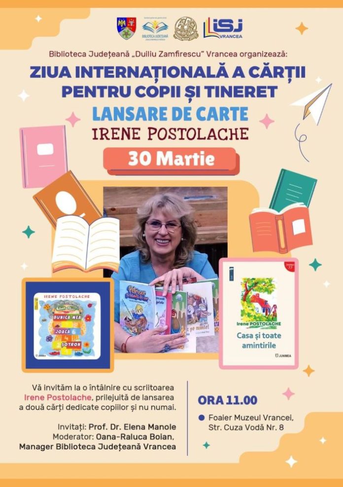 Irene Postolache lansează două volume la Focșani de Ziua Cărții