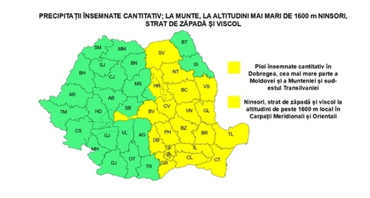 Cod galben de precipitații în Neamț până pe 30 martie