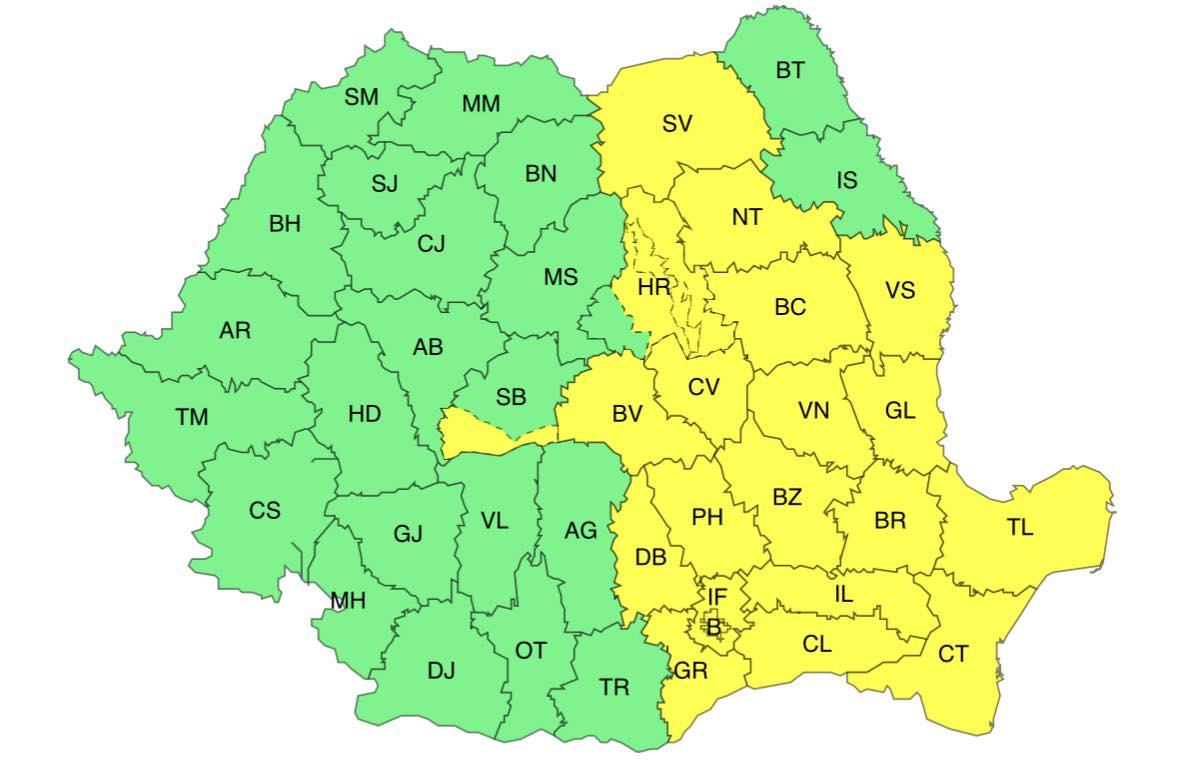 ANM anunță Cod galben de precipitații și vânt puternic în jumătatea de est a țării