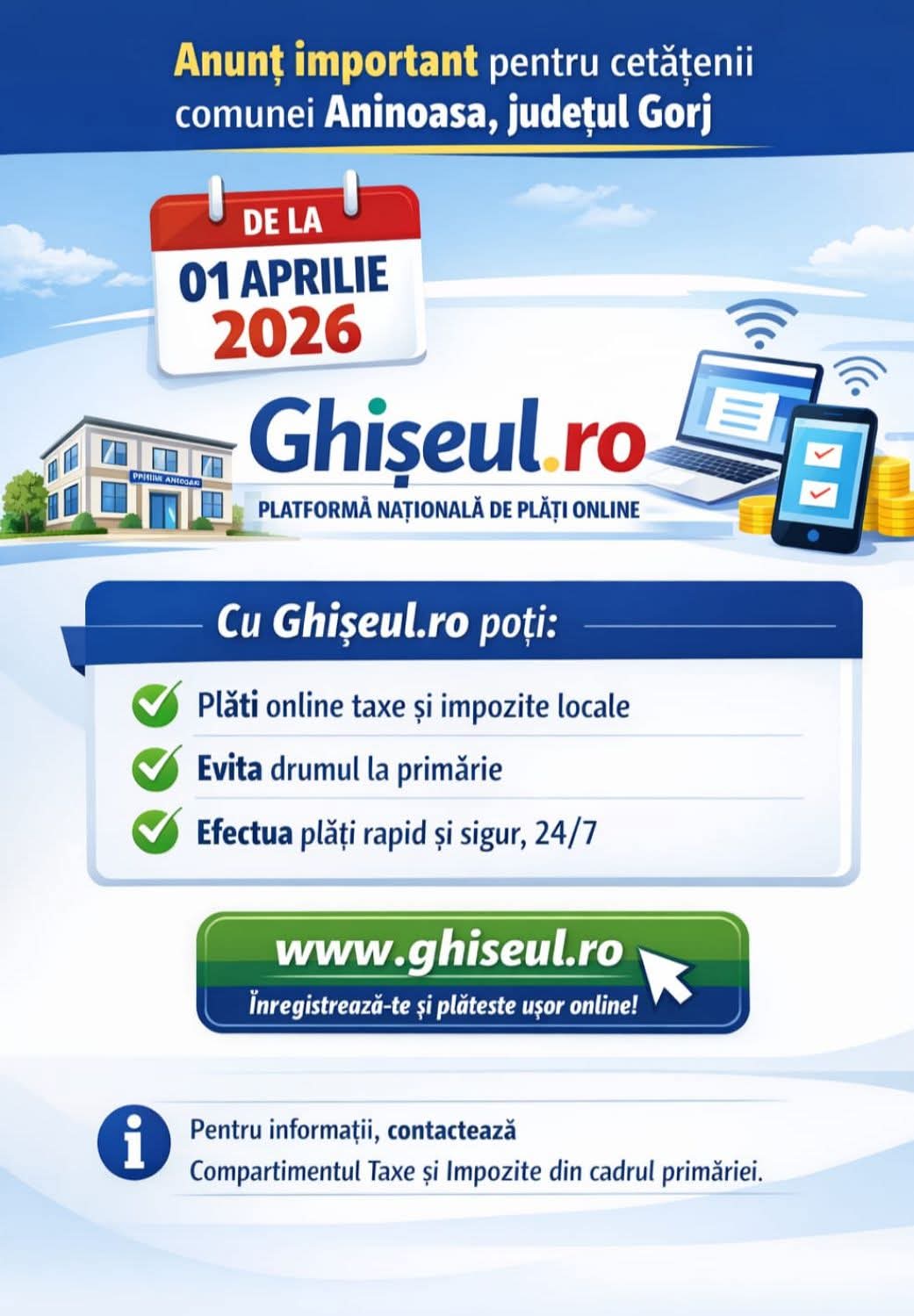 Aninoasa introduce plata taxelor online pentru locuitori din 1 aprilie 2026