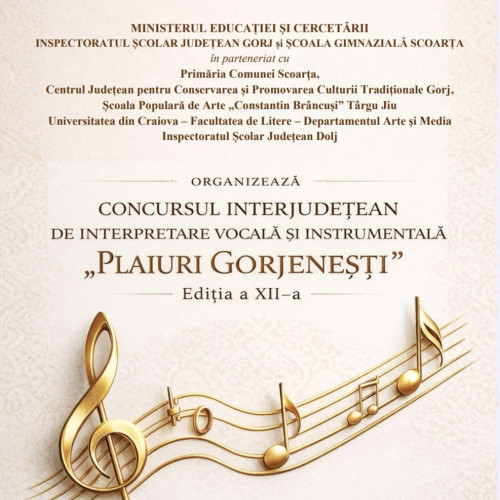 Comuna Scoarța găzduiește Concursul „Plaiuri Gorjenești” pe 4 aprilie 2026