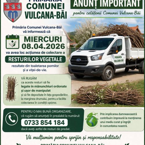 Vulcana-Băi organizează colectarea resturilor vegetale pe 8 aprilie