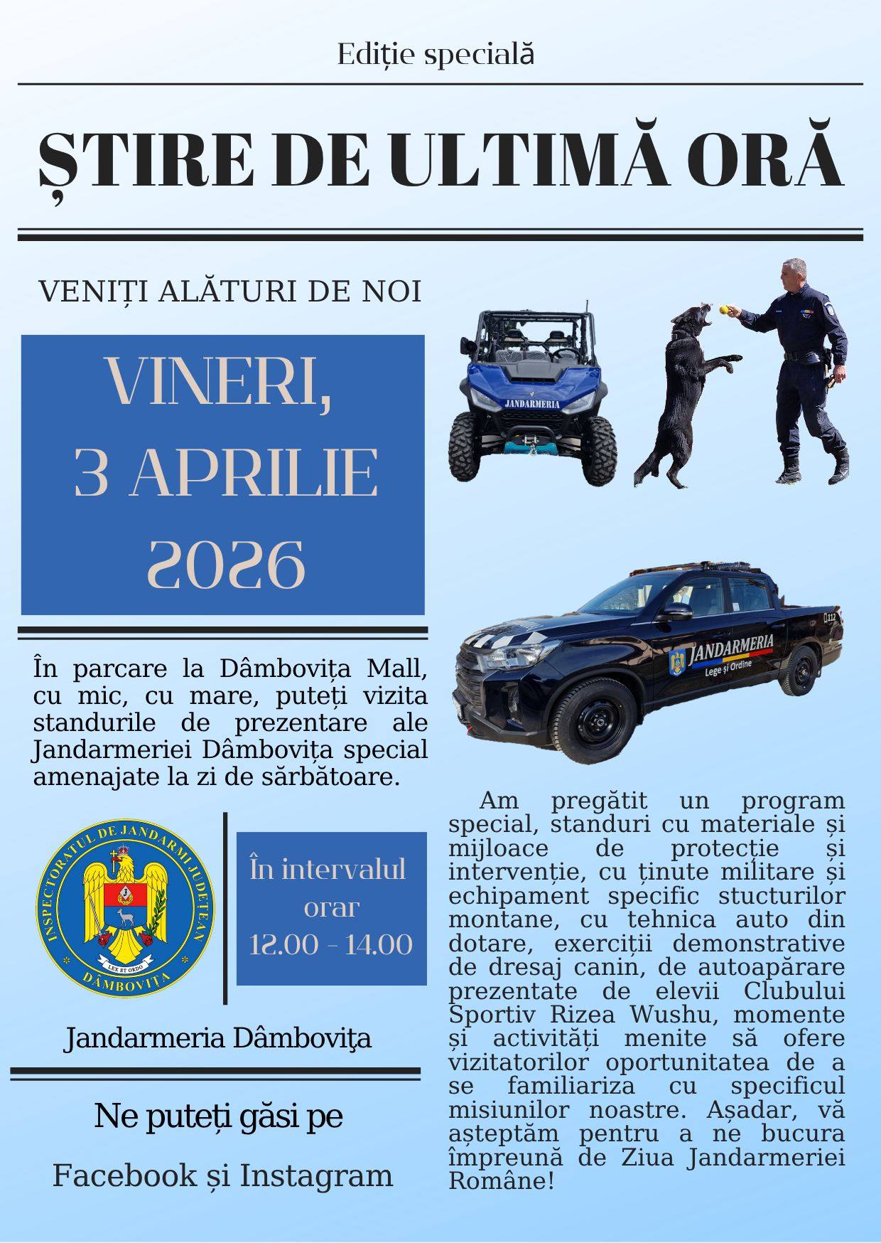 Jandarmeria Română sărbătorește 176 de ani cu un eveniment deschis la Târgoviște