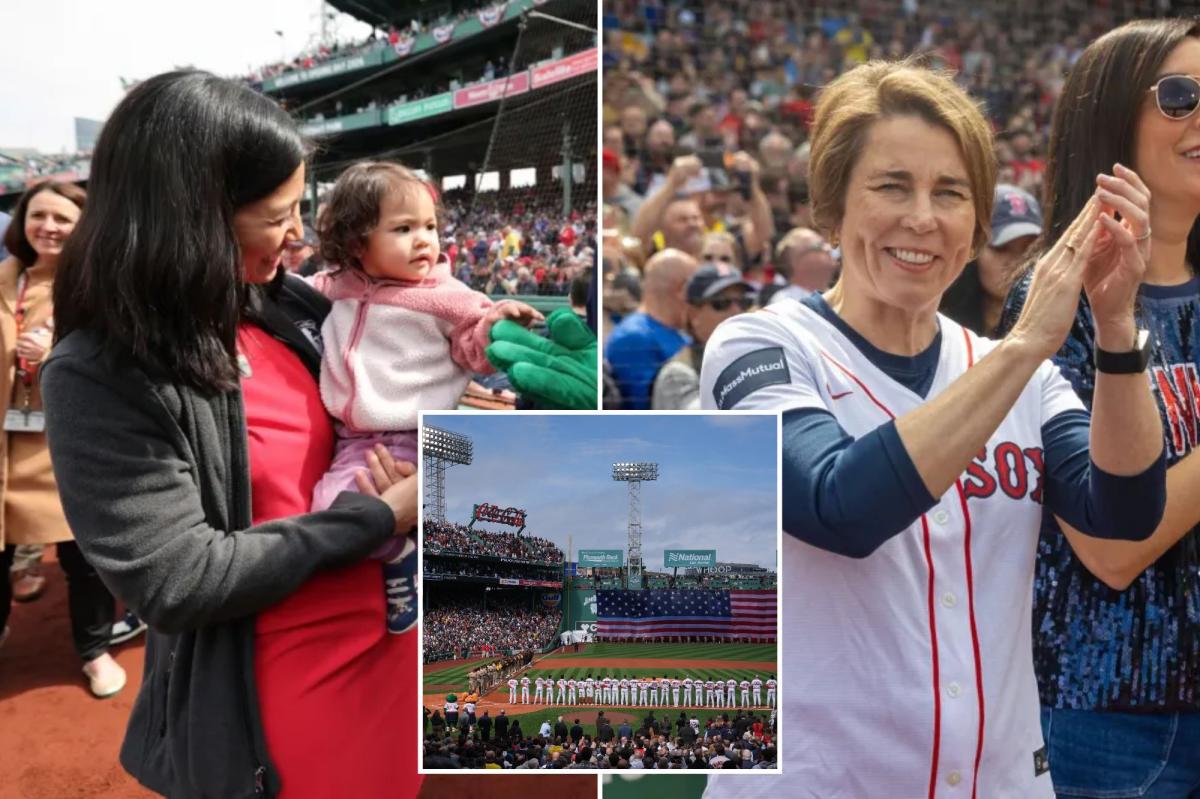 Guvernatoarea democrat Maura Healey și primarul din Boston, Michelle Wu, boo-uite la meciul de deschidere al sezonului Red Sox