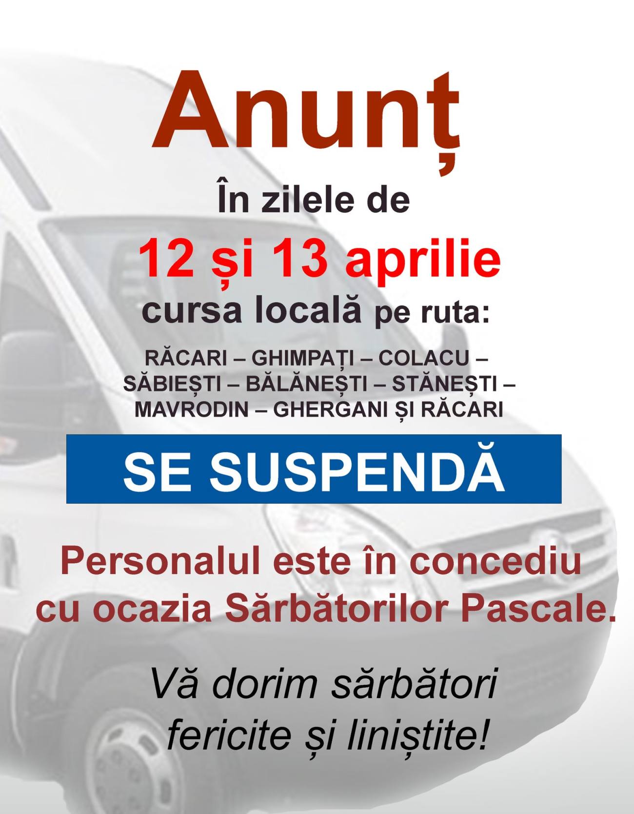 Modificări la transportul local din Răcari în perioada sărbătorilor pascale