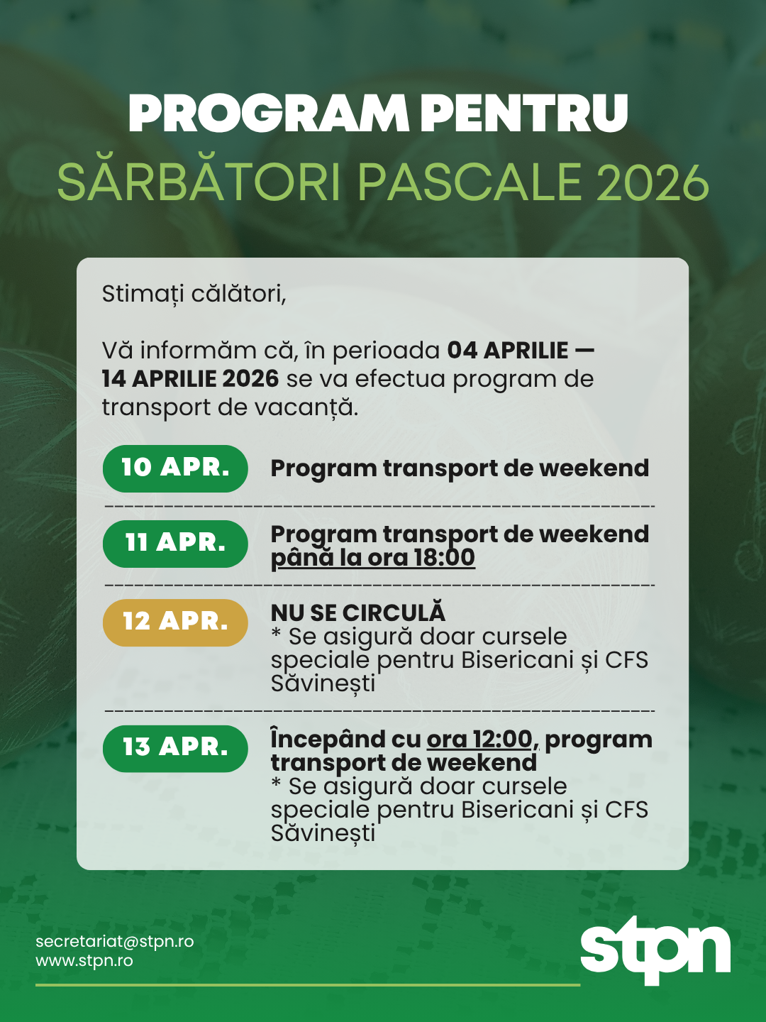 Program special de transport pe durata vacanței de primăvară