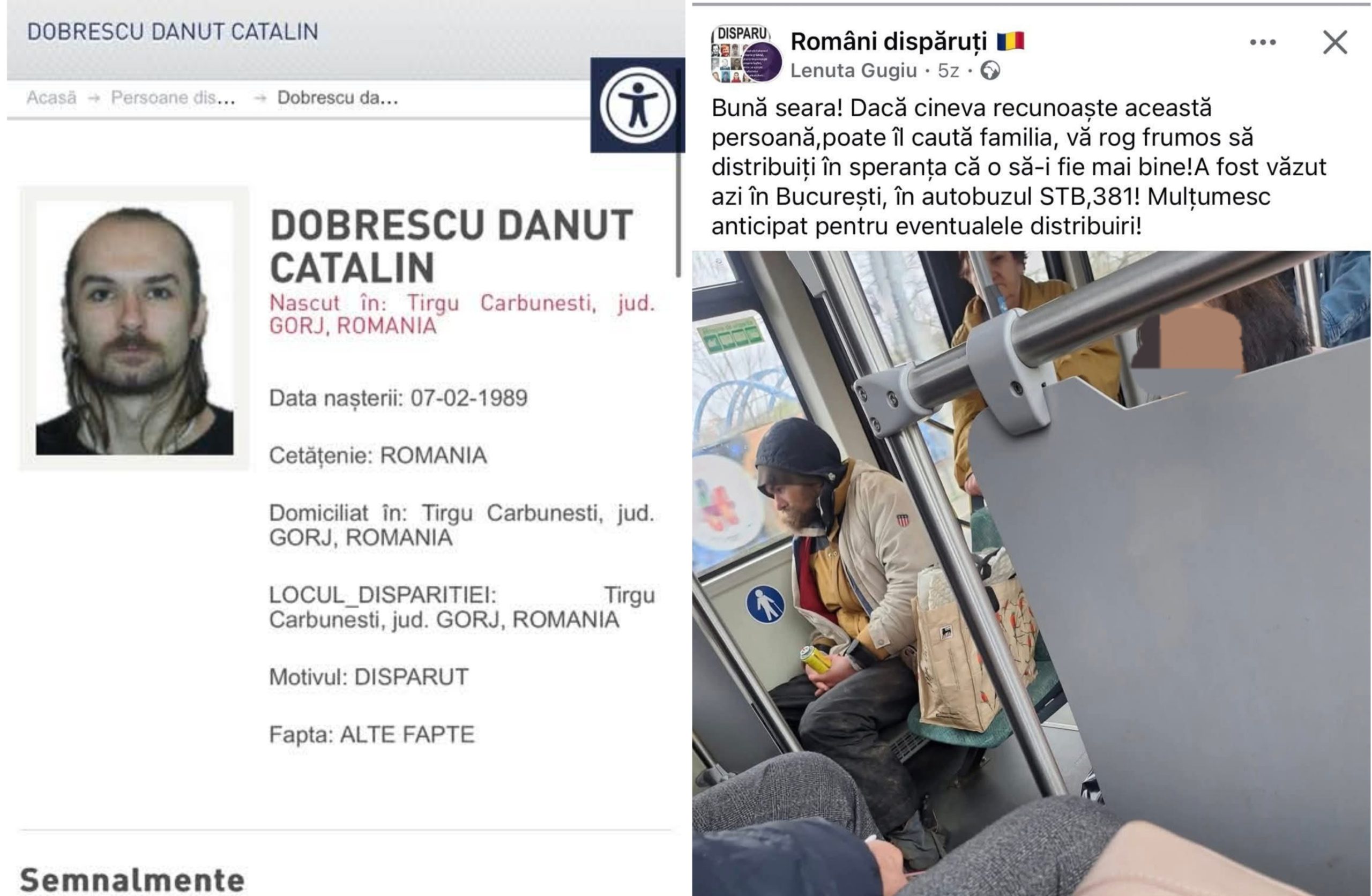 Un bărbat dintr-un autobuz din București ar putea fi un gorjean dispărut