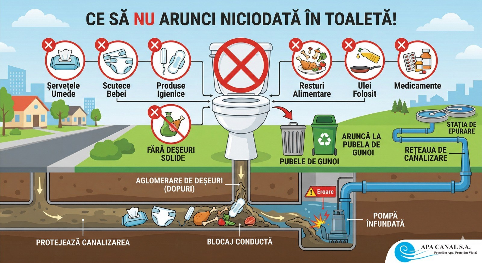 Atenționare de la Apă Canal Galați: Nu aruncați deșeuri în toaletă!