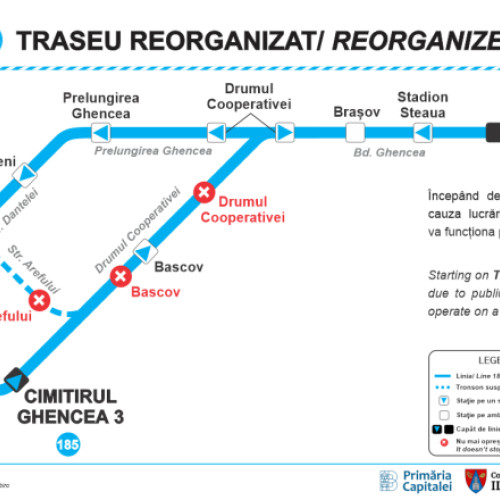Traseul autobuzului 185 se schimbă temporar din cauza lucrărilor