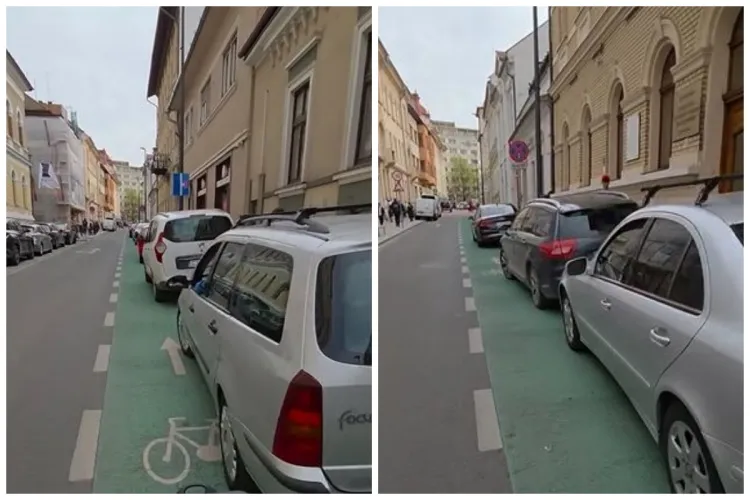 Mașini parcate ilegal blochează pista pentru biciclete în centrul Clujului