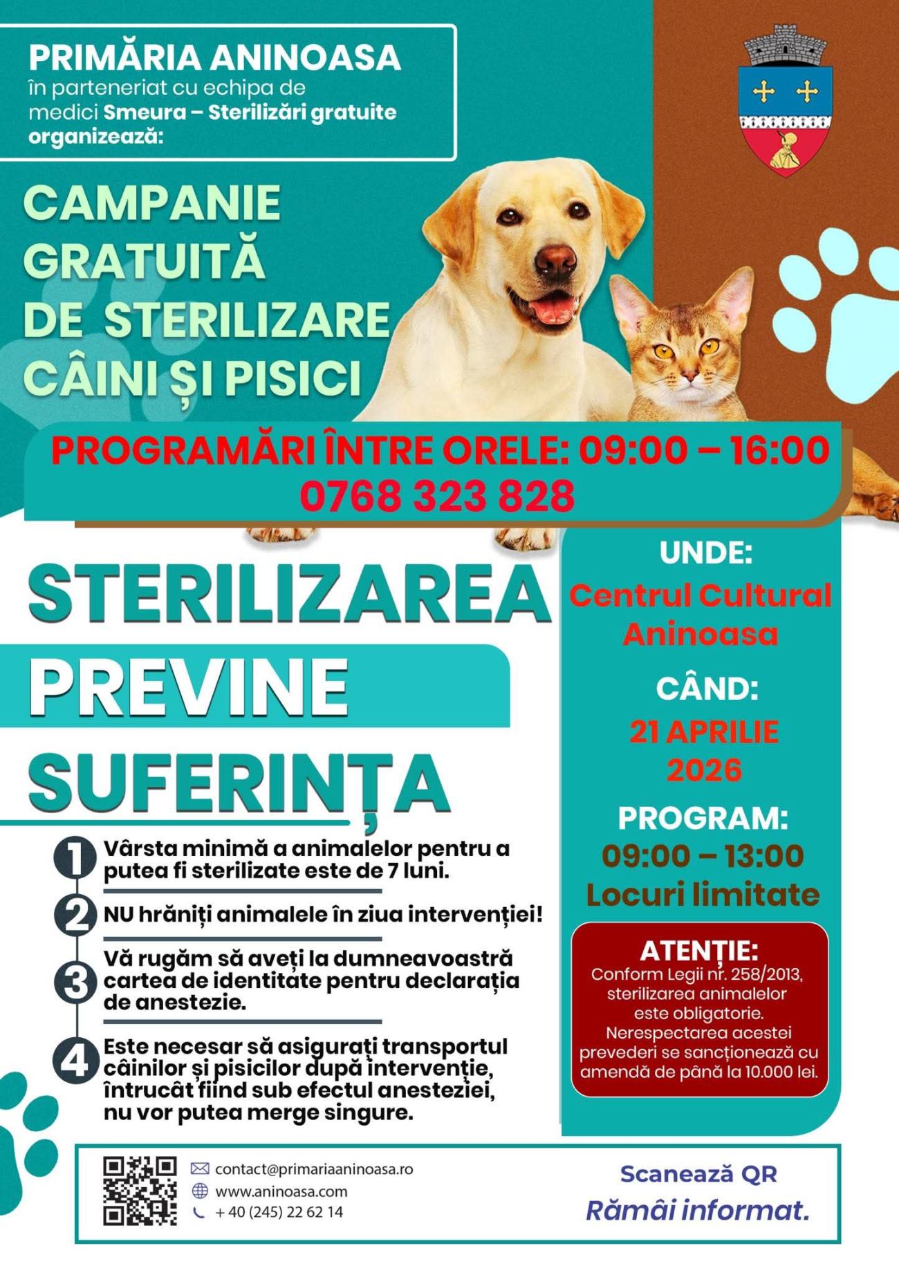 Aninoasa reia campania de sterilizare gratuită pentru câini și pisici