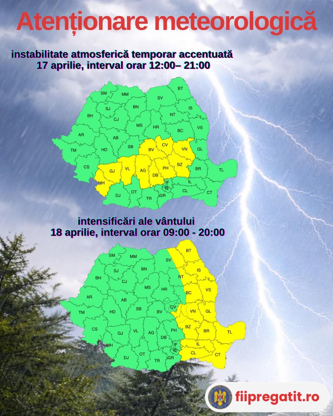 Avertizări Cod Galben de instabilitate atmosferică în Gorj