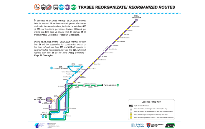 Tramvaiele liniei 21 suspendate în weekend pentru lucrări de intervenție