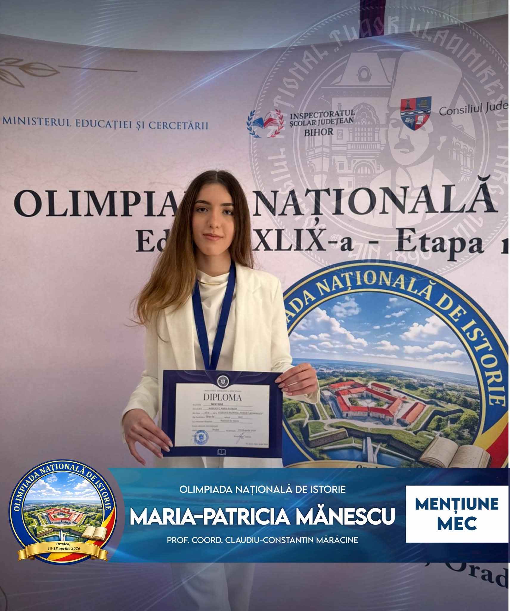 Maria-Patricia Mănescu, elevă premiată la Olimpiada Națională de Istorie