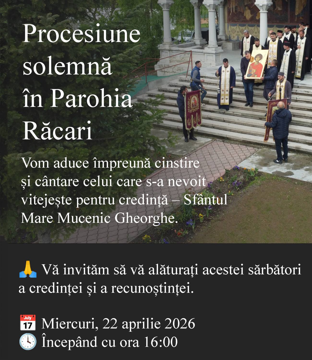 Credincioșii din Răcari, invitați la procesiunea în cinstea Sfântului Gheorghe