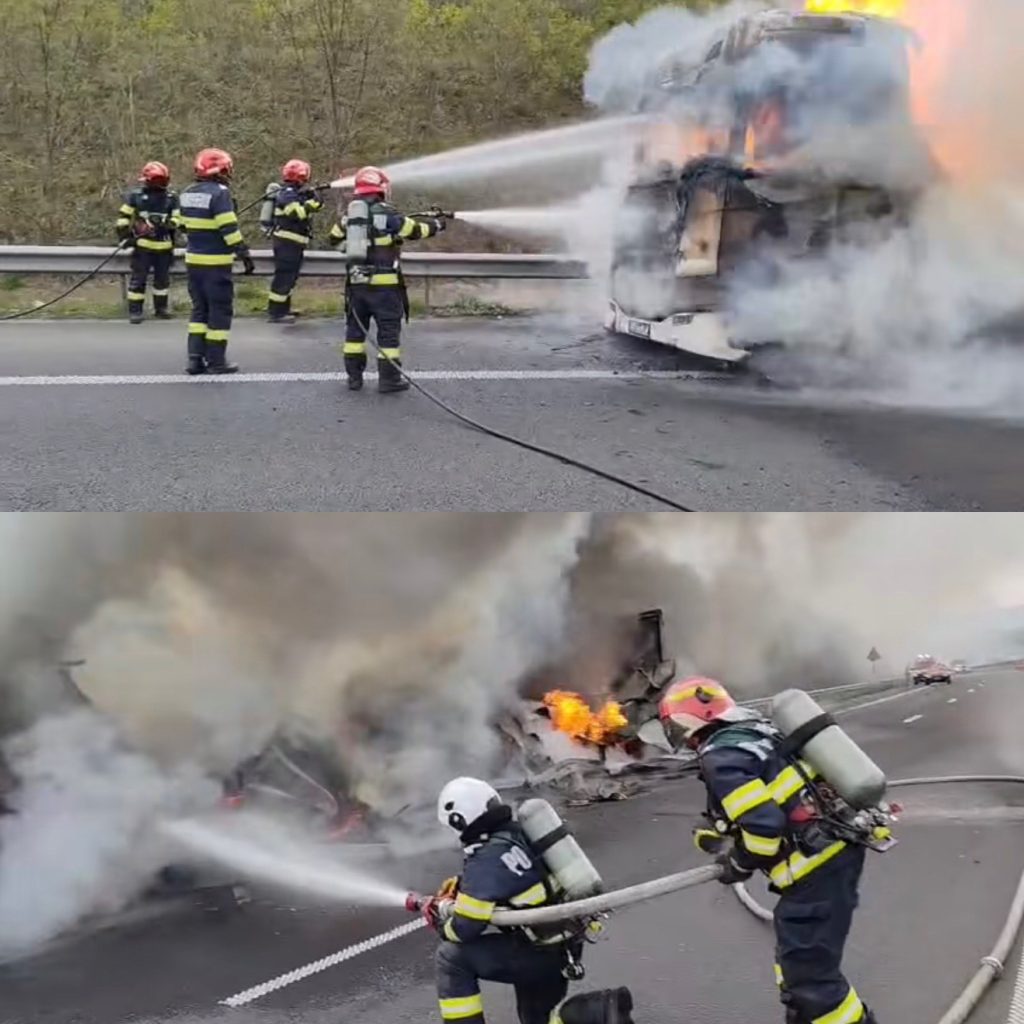 Trafic îngreunat pe A1 din cauza unui incendiu la un ansamblu rutier