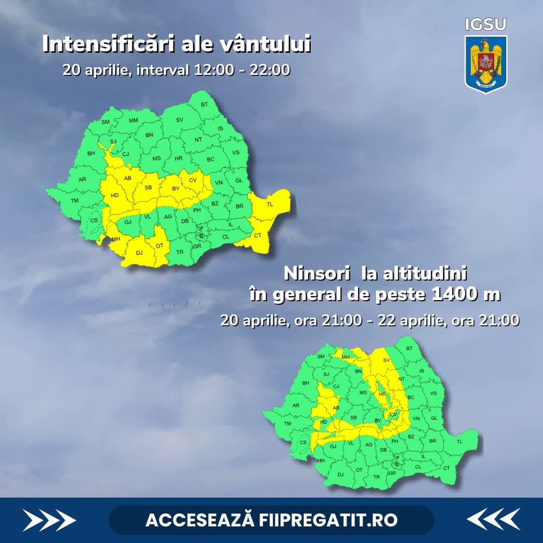 Avertizări ANM de vreme rea pentru județul Gorj
