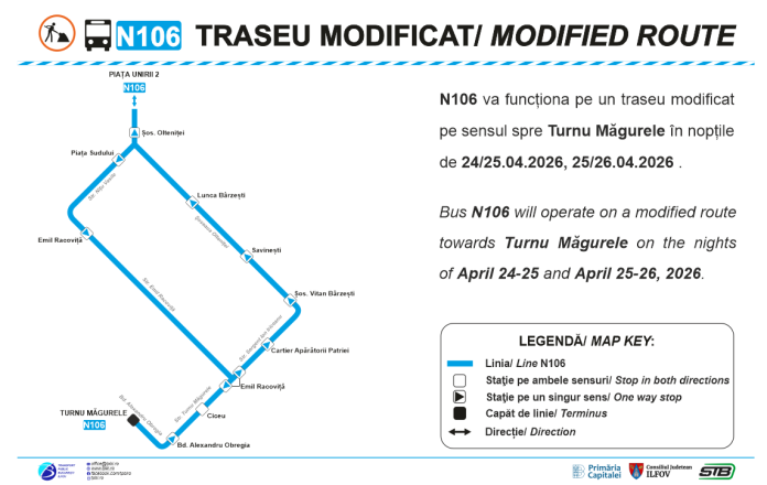Traseul liniei de noapte N106 se modifică în urma lucrărilor în București