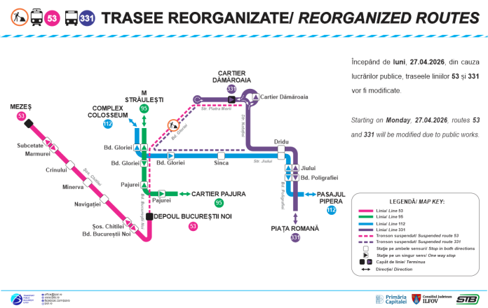 Linii de tramvai afectate de lucrări pe Bulevardul Bucureştii Noi