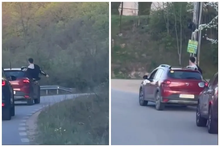 Un tânăr surprins ieșind pe geamul mașinii în apropiere de Cluj-Napoca