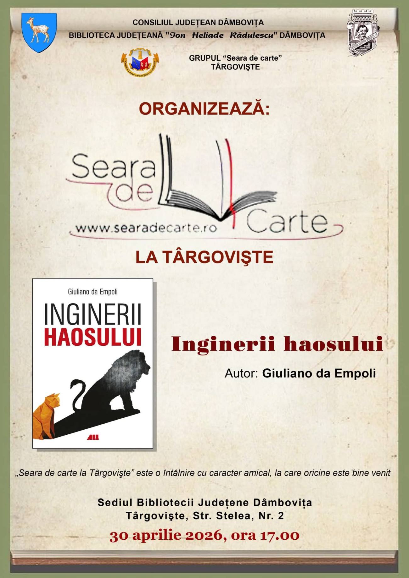 Seara de carte la Târgovişte: o nouă întâlnire dedicată lecturii