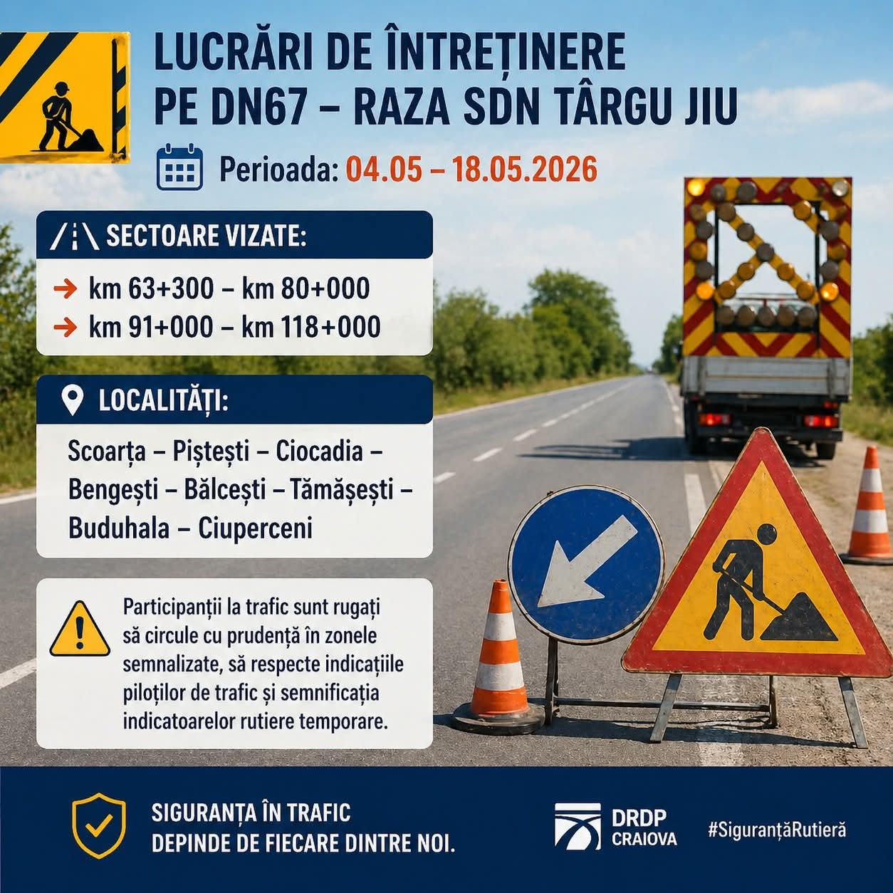 Lucrări de întreținere programate pe DN67 în județul Gorj