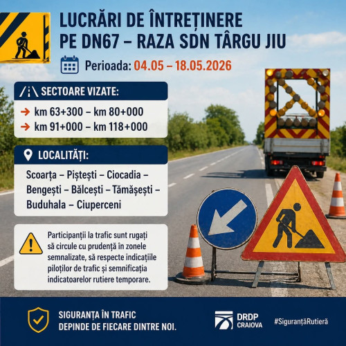 Lucrări de întreținere programate pe DN67 în județul Gorj