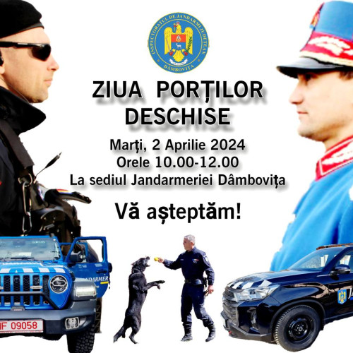 Jandarmeria Dâmbovița organizează acțiunea "Ziua Porților Deschise" dedicată elevilor, școlarilor și preșcolarilor în cadrul manifestărilor prilejuite de Ziua Jandarmeriei Române - 3 Aprilie.
