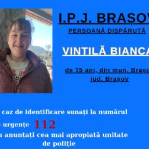 O minoră a dispărut de la domiciliul din Braşov! Fata are înălțimea de aprox. 1,70 m și este căutată de polițiști. Persoanele cu informații sunt rugate să apeleze 112.