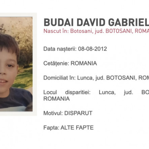 Obstet de 12 ani, căutat de poliţia din Botoşani. David plecat din Lunca şi dispărut.